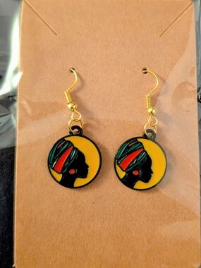 Hand Crafted Yellow Afro Silhouette Drop Earrings with Green and Red Accents